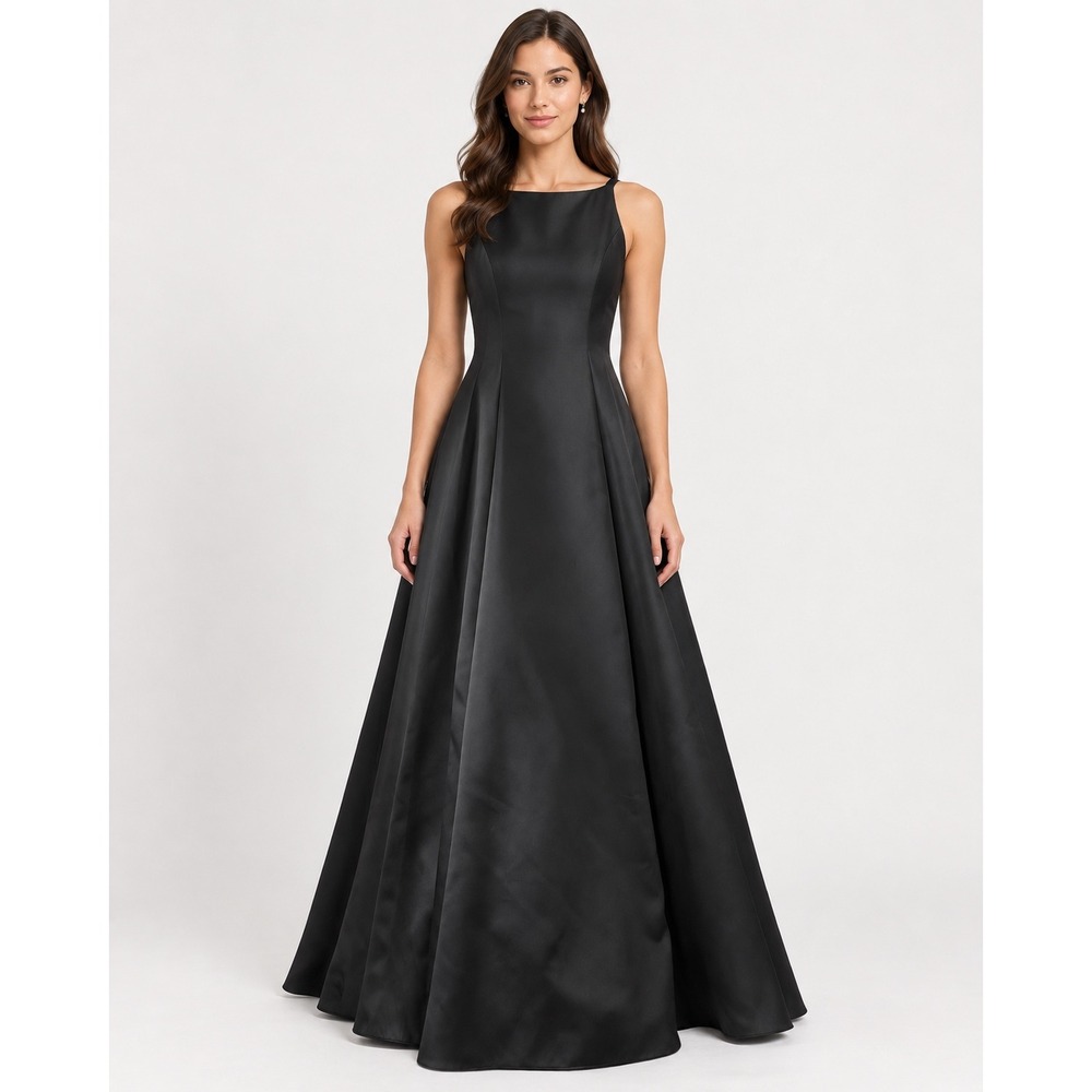 Betsy & Adam Gown Womens 10 Black Satin A-Line High Neck Formal Evening Dress